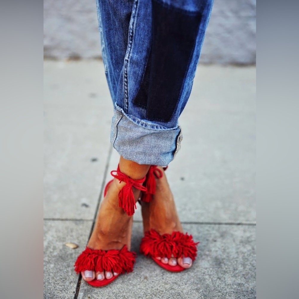 Aquazzura Wild Thing 105 Suede Tassel Accents Sandals Red, Size IT41, US11
